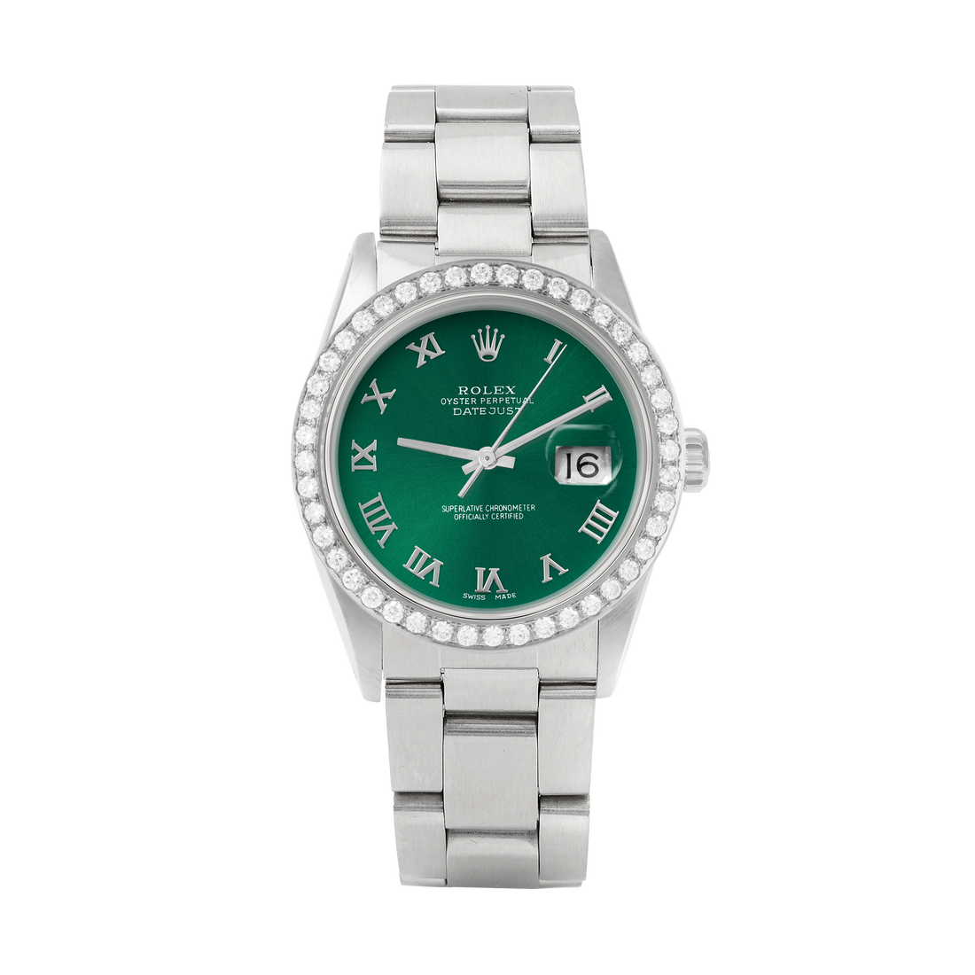 Rolex Datejust 36mm STAINLESS STEEL 16234 Green Dial | Roman Hour Markers, 2 ct Diamond Bezel