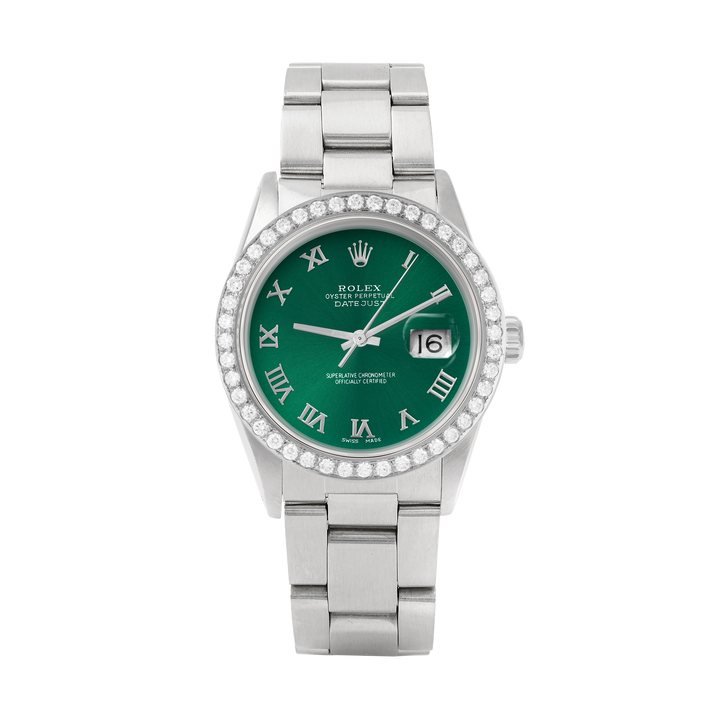 Rolex Datejust 36mm STAINLESS STEEL 16234 Green Dial | Roman Hour Markers, 2 ct Diamond Bezel
