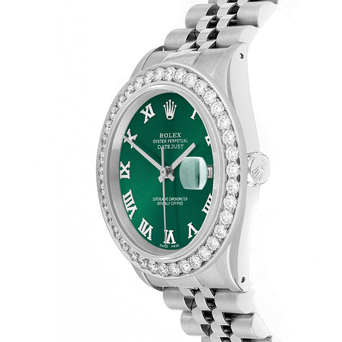 Rolex Datejust 36mm STAINLESS STEEL 16234 Green Dial | Roman Hour Markers | 2.5 ct Diamond Bezel