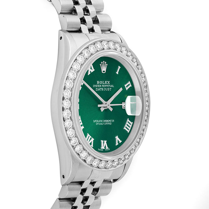 Rolex Datejust 36mm STAINLESS STEEL 16234 Green Dial | Roman Hour Markers | 2.5 ct Diamond Bezel
