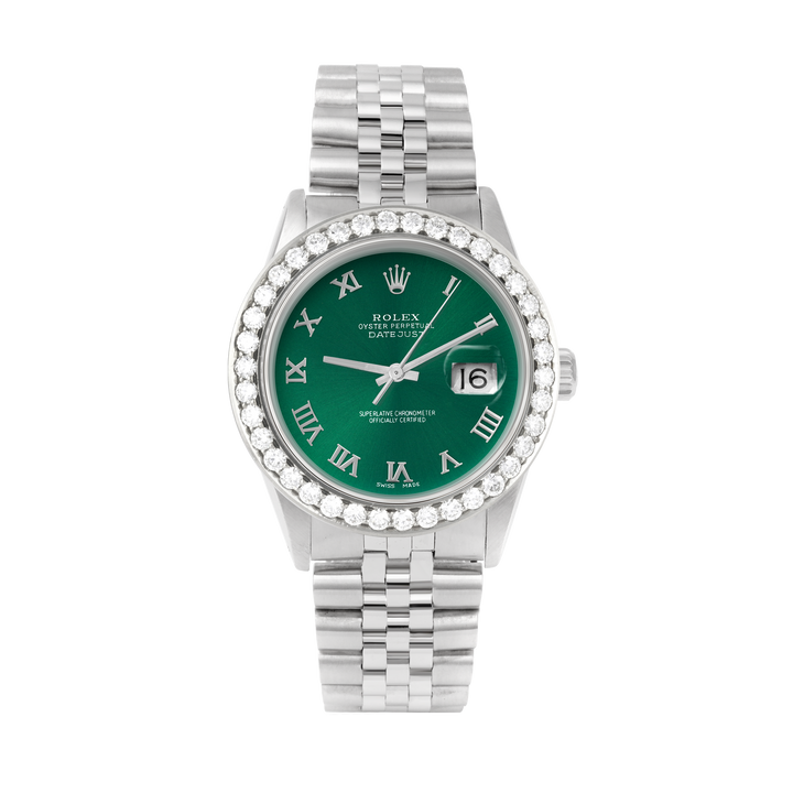 Rolex Datejust 36mm STAINLESS STEEL 16234 Green Dial | Roman Hour Markers | 2.5 ct Diamond Bezel