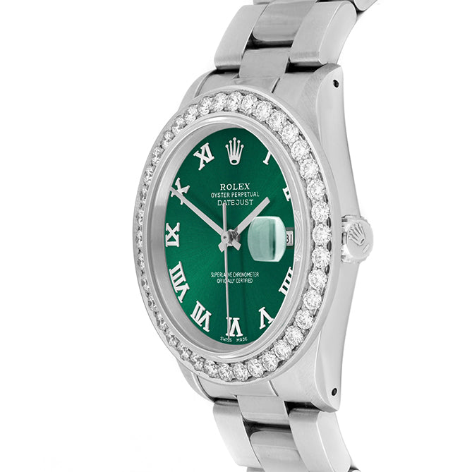 Rolex Datejust 36mm STAINLESS STEEL 16234 Green Dial | Roman Hour Markers | 2.5 ct Diamond Bezel