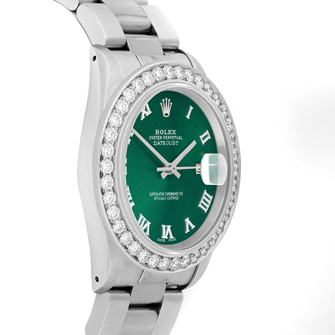 Rolex Datejust 36mm STAINLESS STEEL 16234 Green Dial | Roman Hour Markers | 2.5 ct Diamond Bezel
