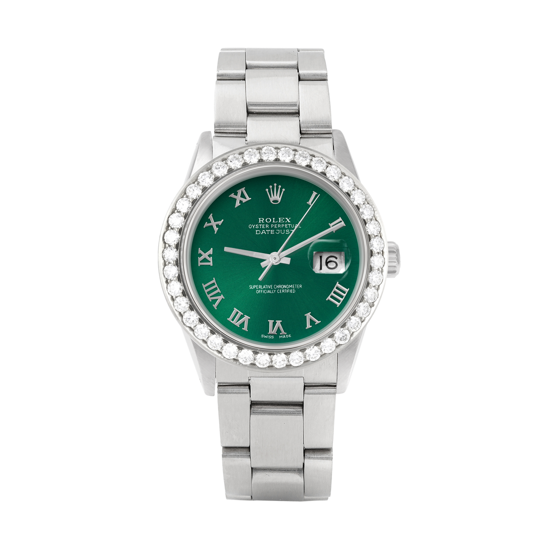Rolex Datejust 36mm STAINLESS STEEL 16234 Green Dial | Roman Hour Markers | 2.5 ct Diamond Bezel
