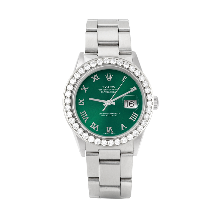 Rolex Datejust 36mm STAINLESS STEEL 16234 Green Dial | Roman Hour Markers | 2.5 ct Diamond Bezel