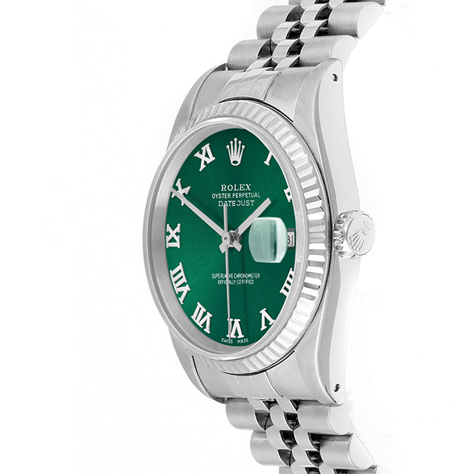 Rolex Datejust 36mm STAINLESS STEEL 16234 Green Dial | Roman Hour Markers | Fluted  Bezel