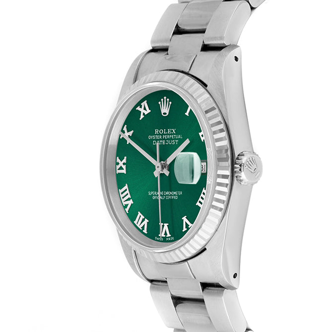 Rolex Datejust 36mm STAINLESS STEEL 16234 Green Dial | Roman Hour Markers | Fluted  Bezel