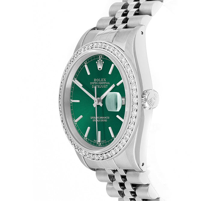 Rolex Datejust 36mm STAINLESS STEEL 16234 Green  Dial | Sticks Hour Markers, 1 ct Diamond Bezel