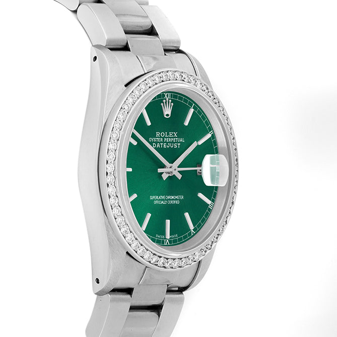 Rolex Datejust 36mm STAINLESS STEEL 16234 Green Dial | Sticks Hour Markers, 1 ct Diamond Bezel