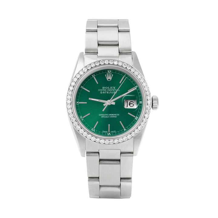 Rolex Datejust 36mm STAINLESS STEEL 16234 Green Dial | Sticks Hour Markers, 1 ct Diamond Bezel