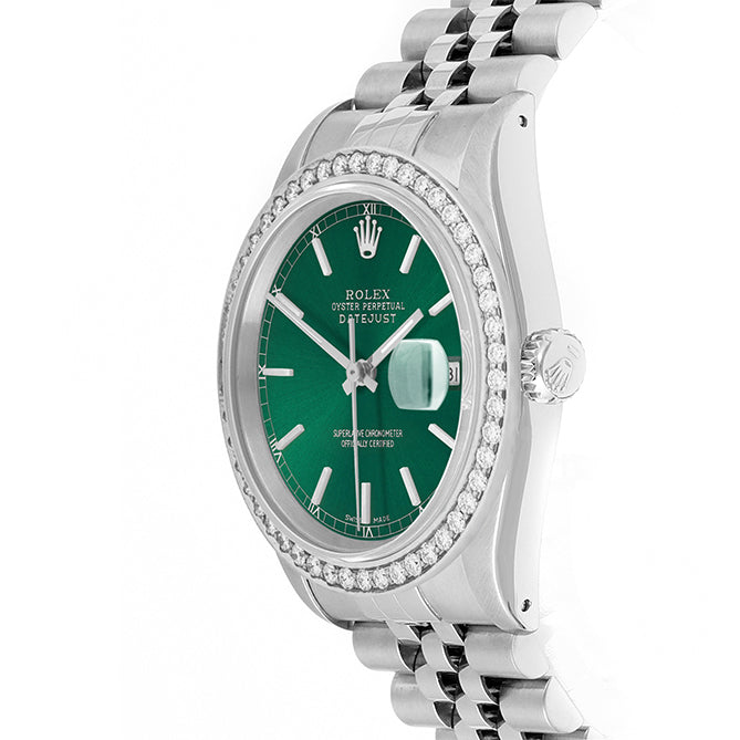 Rolex Datejust 36mm STAINLESS STEEL 16234 Green Dial | Stick Hour Markers | 1.8ct Diamond Bezel