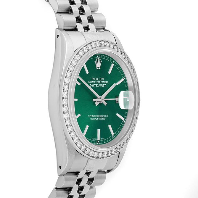 Rolex Datejust 36mm STAINLESS STEEL 16234 Green Dial | Stick Hour Markers | 1.8ct Diamond Bezel