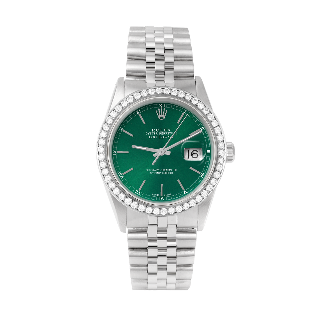 Rolex Datejust 36mm STAINLESS STEEL 16234 Green Dial | Stick Hour Markers | 1.8ct Diamond Bezel