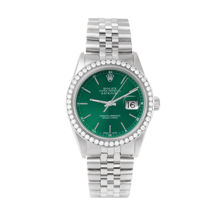 Rolex Datejust 36mm STAINLESS STEEL 16234 Green Dial | Stick Hour Markers | 1.8ct Diamond Bezel