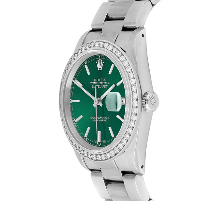 Rolex Datejust 36mm STAINLESS STEEL 16234 Green Dial | Stick Hour Markers, 1.8ct Diamond Bezel