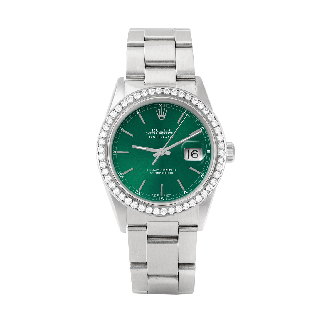 Rolex Datejust 36mm STAINLESS STEEL 16234 Green Dial | Stick Hour Markers, 1.8ct Diamond Bezel