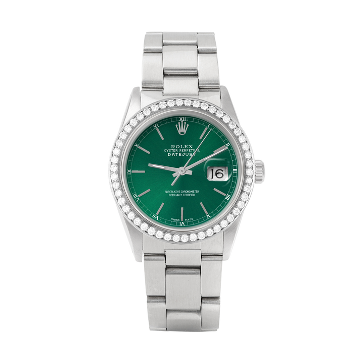 Rolex Datejust 36mm STAINLESS STEEL 16234 Green Dial | Stick Hour Markers, 1.8ct Diamond Bezel