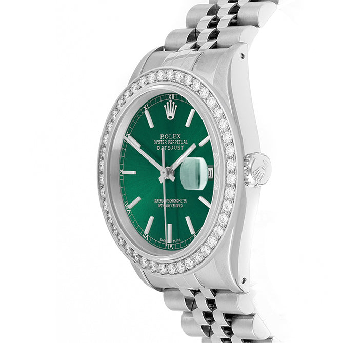 Rolex Datejust 36mm STAINLESS STEEL 16234 Green Dial | Sticks Hour Markers, 2 ct Diamond Bezel