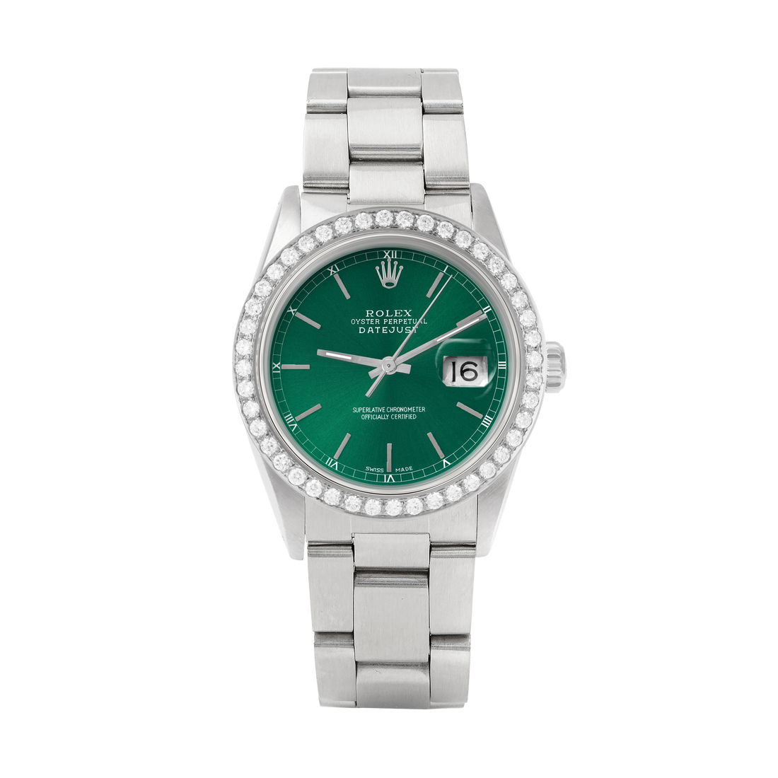 Rolex Datejust 36mm STAINLESS STEEL 16234 Green Dial | Sticks Hour Markers, 2 ct Diamond Bezel