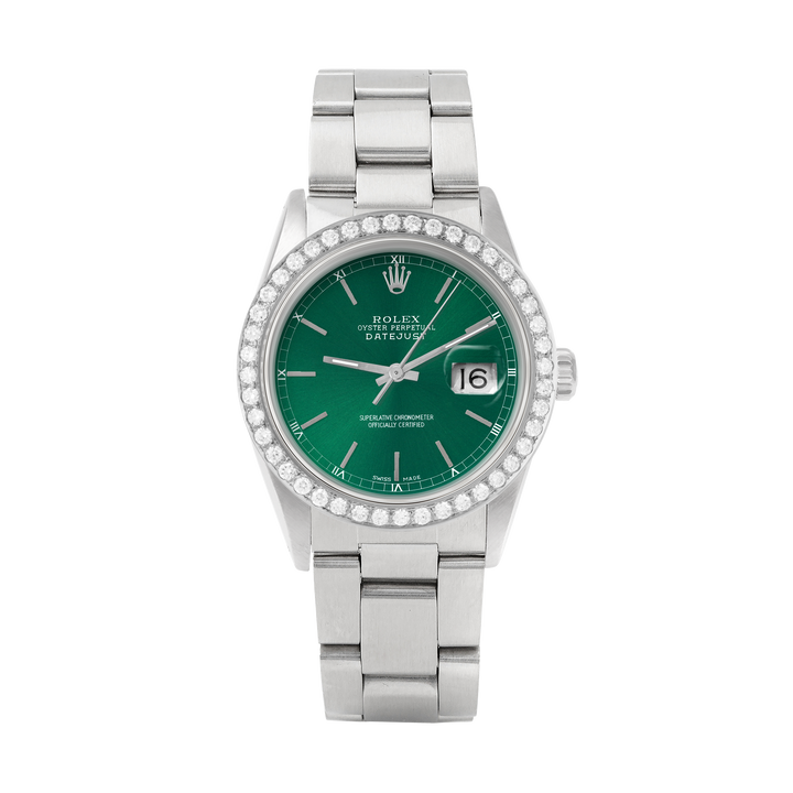 Rolex Datejust 36mm STAINLESS STEEL 16234 Green Dial | Sticks Hour Markers, 2 ct Diamond Bezel
