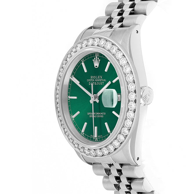 Rolex Datejust 36mm STAINLESS STEEL 16234 Green Dial | Stick Hour Markers, 2.5ct Diamond Bezel