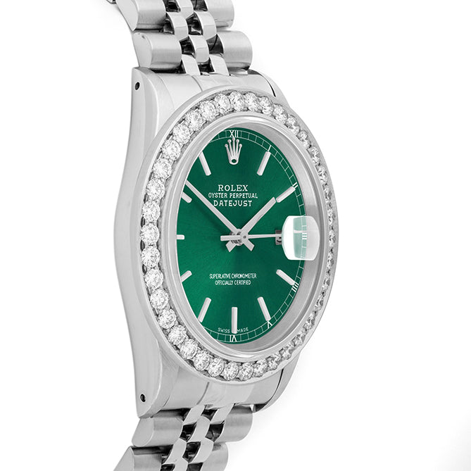 Rolex Datejust 36mm STAINLESS STEEL 16234 Green Dial | Stick Hour Markers, 2.5ct Diamond Bezel