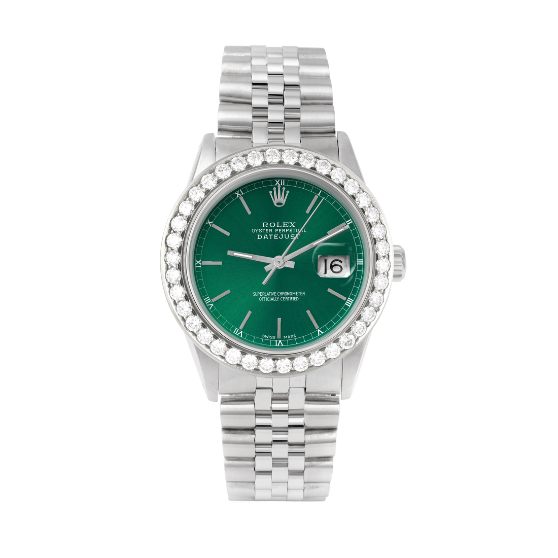 Rolex Datejust 36mm STAINLESS STEEL 16234 Green Dial | Stick Hour Markers, 2.5ct Diamond Bezel