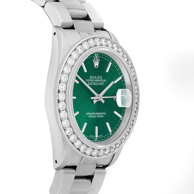 Rolex Datejust 36mm STAINLESS STEEL 16234 Green Dial | Stick Hour Markers, 2.5ct Diamond Bezel