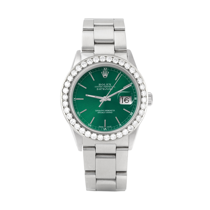 Rolex Datejust 36mm STAINLESS STEEL 16234 Green Dial | Stick Hour Markers, 2.5ct Diamond Bezel