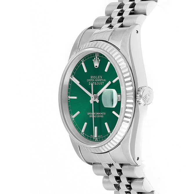 Rolex Datejust 36mm STAINLESS STEEL 16234 Green Dial | Stick Hour Markers | Fluted  Bezel