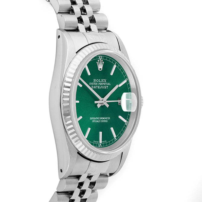 Rolex Datejust 36mm STAINLESS STEEL 16234 Green Dial | Stick Hour Markers | Fluted  Bezel