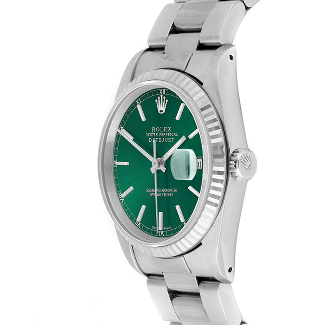Rolex Datejust 36mm STAINLESS STEEL 16234 Green Dial | Stick Hour Markers | Fluted  Bezel