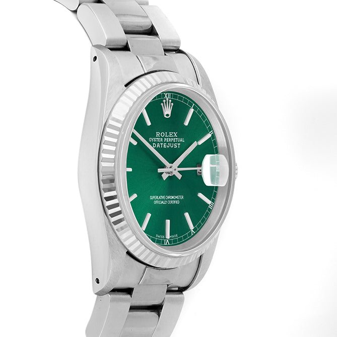 Rolex Datejust 36mm STAINLESS STEEL 16234 Green Dial | Stick Hour Markers | Fluted  Bezel