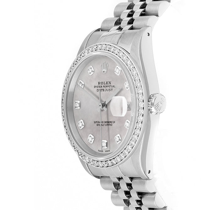 Rolex Datejust 36mm STAINLESS STEEL 16234 Mop Dial | Diamond Hour Markers, 1 ct Diamond Bezel