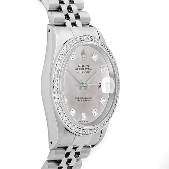 Rolex Datejust 36mm STAINLESS STEEL 16234 Mop Dial | Diamond Hour Markers, 1 ct Diamond Bezel