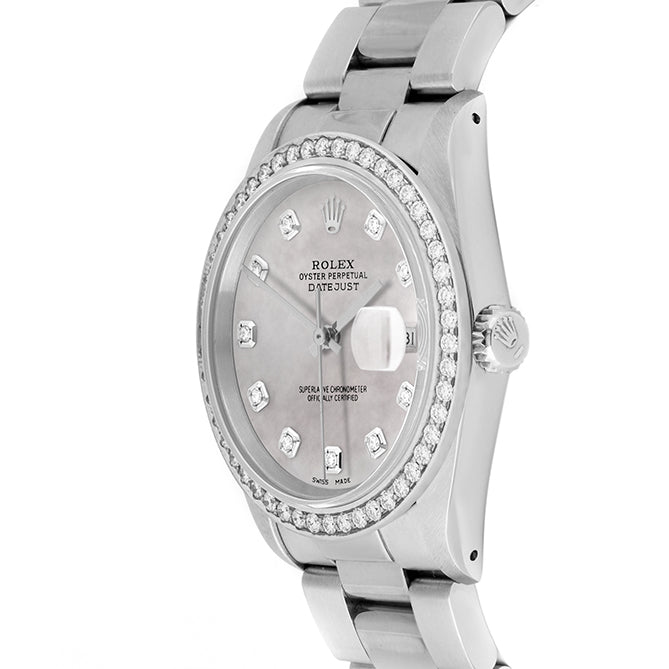 Rolex Datejust 36mm STAINLESS STEEL 16234 Mopwhite Dial | Diamond Hour Markers, 1.8 ct Diamond Bezel