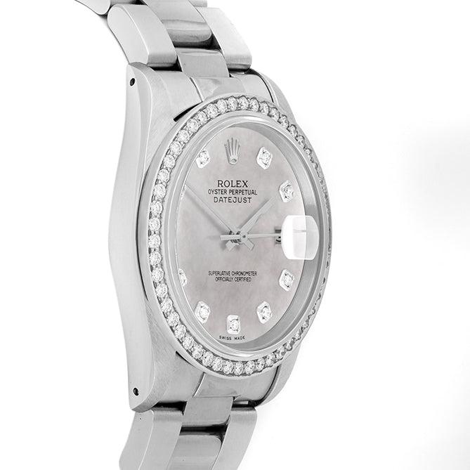 Rolex Datejust 36mm STAINLESS STEEL 16234 Mopwhite Dial | Diamond Hour Markers, 1.8 ct Diamond Bezel