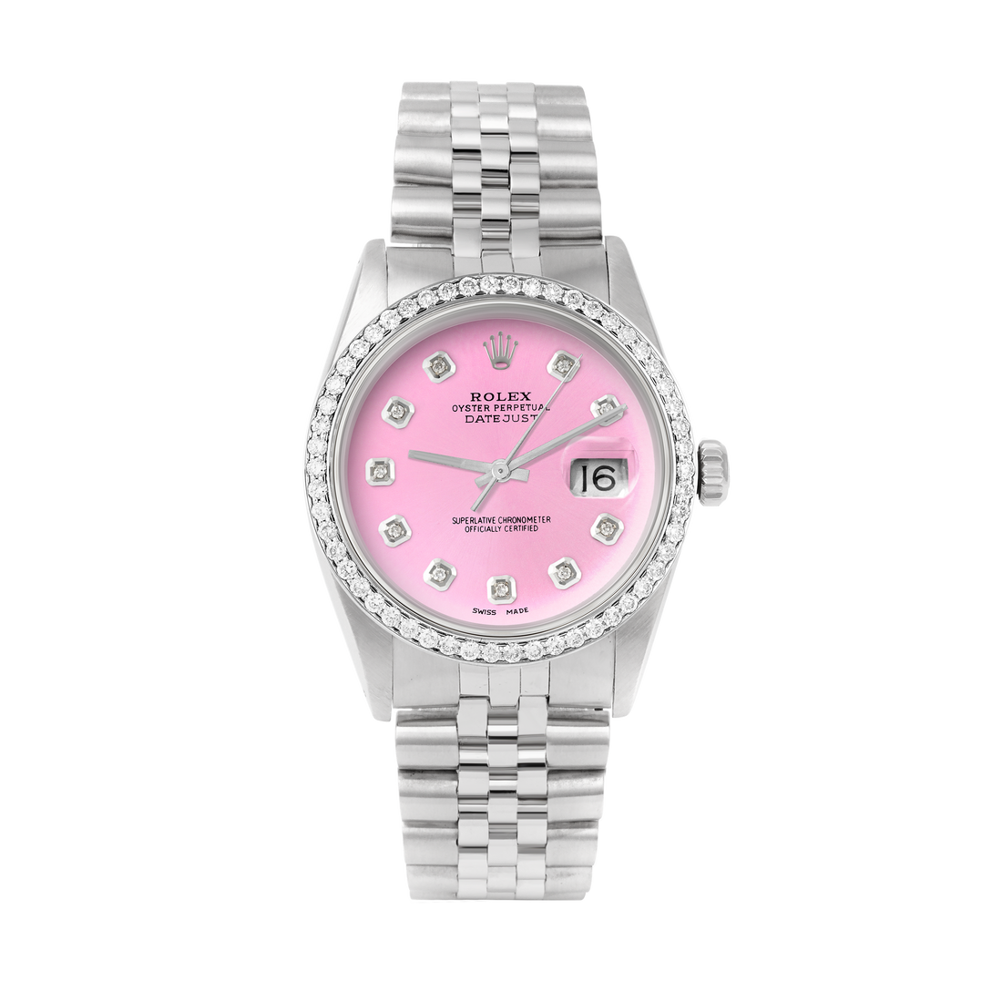 Rolex Datejust 36mm STAINLESS STEEL 16234 Pink Dial | Diamond Hour Markers, 1 ct Diamond Bezel