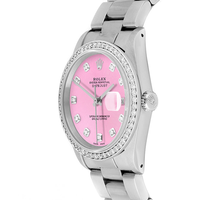 Rolex Datejust 36mm STAINLESS STEEL 16234 Pink Dial | Diamond Hour Markers, 1 ct Diamond Bezel