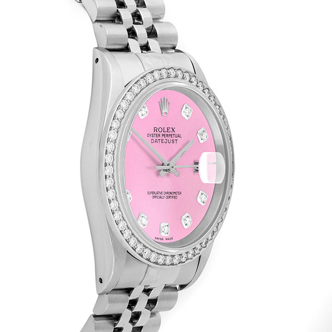 Rolex Datejust 36mm STAINLESS STEEL 16234 Pink Dial | Diamond Hour Markers, 1.8 ct Diamond Bezel
