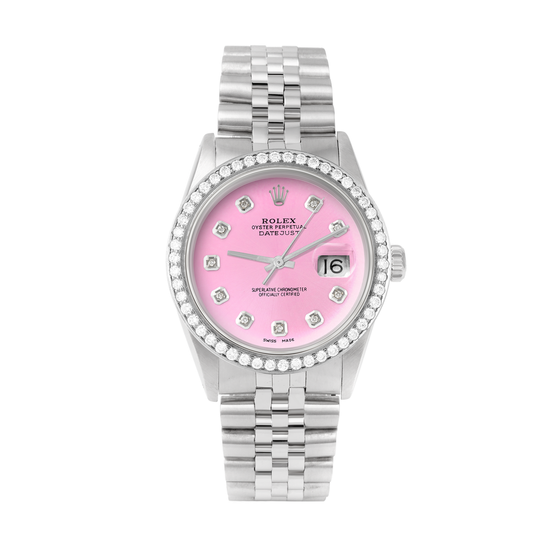 Rolex Datejust 36mm STAINLESS STEEL 16234 Pink Dial | Diamond Hour Markers, 1.8 ct Diamond Bezel