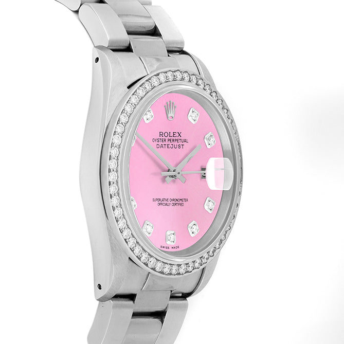 Rolex Datejust 36mm STAINLESS STEEL 16234 Pink Dial | Diamond Hour Markers, 1.8 ct Diamond Bezel