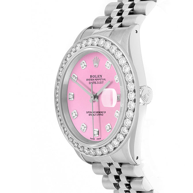 Rolex Datejust 36mm STAINLESS STEEL 16234  Pink Dial | Diamond Hour Markers | 2.5 ct Diamond Bezel