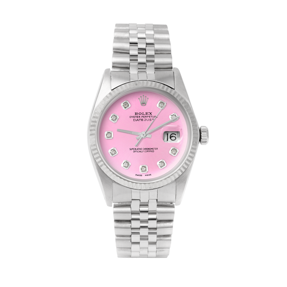 Rolex Datejust 36mm STAINLESS STEEL 16234 Pink Dial | Diamond Hour Markers | Fluted Bezel