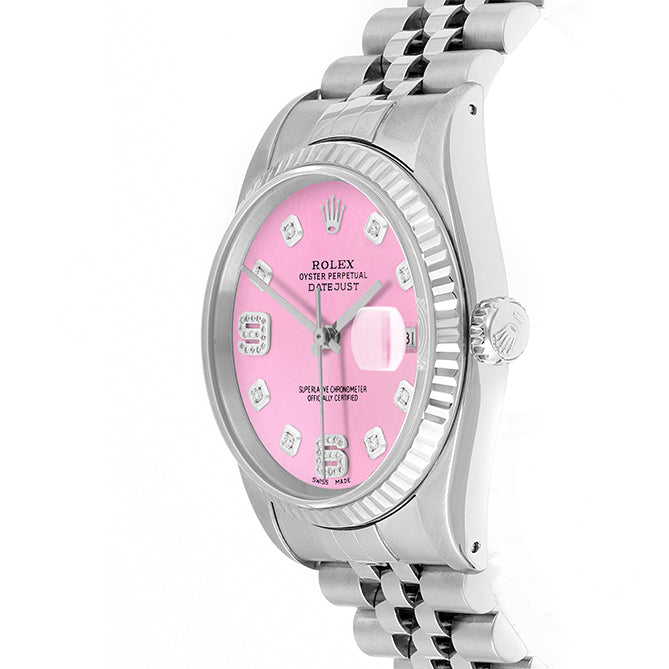 Rolex Datejust 36mm STAINLESS STEEL 16234  Pink Dial | 6&9 Diamond | Fluted Bazel