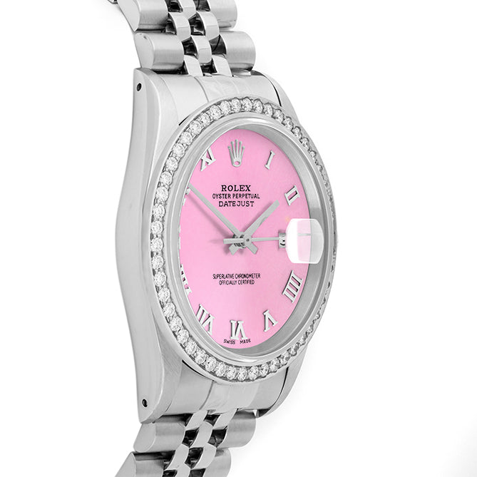 Rolex Datejust 36mm STAINLESS STEEL 16234 Pink Dial | Roman Hour Markers, 1.8 ct Diamond Bezel
