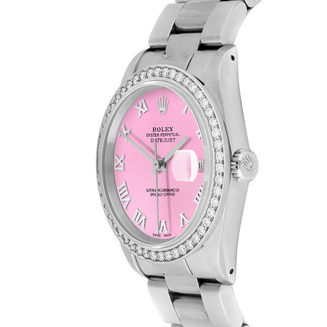 Rolex Datejust 36mm STAINLESS STEEL 16234 Pink Dial | Roman Hour Markers, 1.8 ct Diamond Bezel