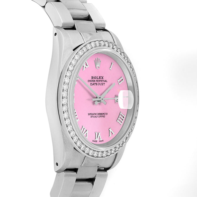Rolex Datejust 36mm STAINLESS STEEL 16234 Pink Dial | Roman Hour Markers, 1.8 ct Diamond Bezel