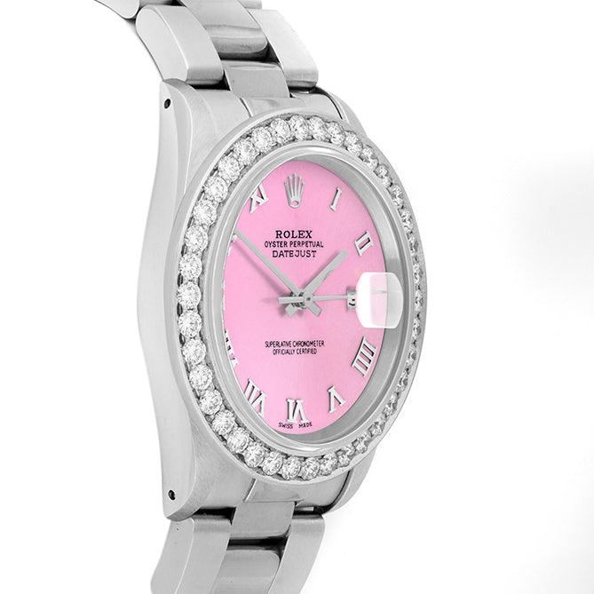 Rolex Datejust 36mm STAINLESS STEEL 16234 Pink Dial | Roman Hour Markers | 2.5 ct Diamond Bezel