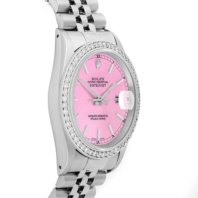 Rolex Datejust 36mm STAINLESS STEEL 16234 Pink  Dial | Sticks Hour Markers, 1 ct Diamond Bezel